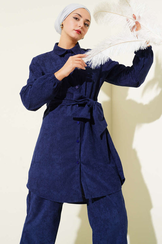 Zweiteiliges Cord-Set mit seitlichen Bindebändern, Marineblau