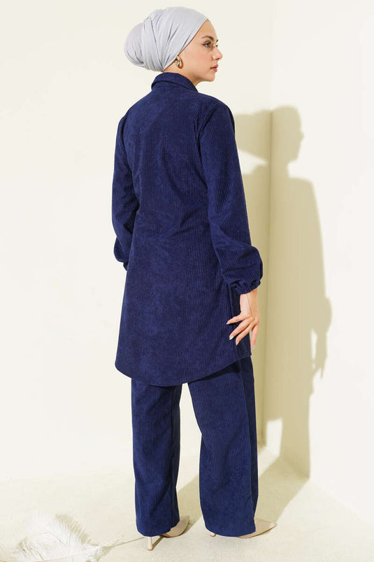 Zweiteiliges Cord-Set mit seitlichen Bindebändern, Marineblau