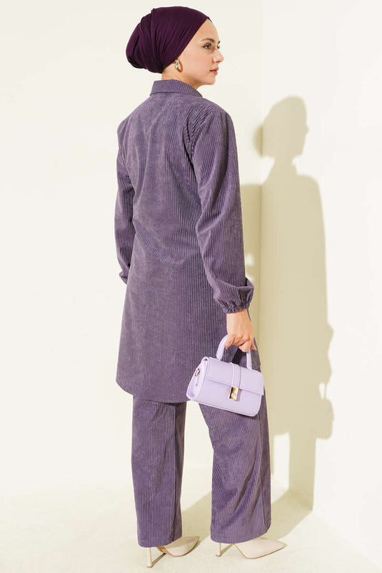 Zweiteiliges Cord-Set mit seitlichen Bindebändern in Flieder