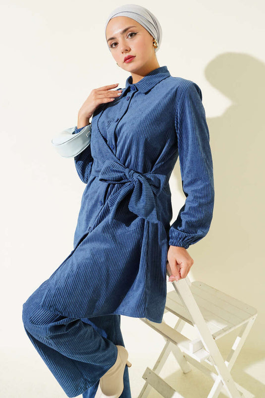 Ensemble deux pièces en velours côtelé à nouer sur le côté, bleu