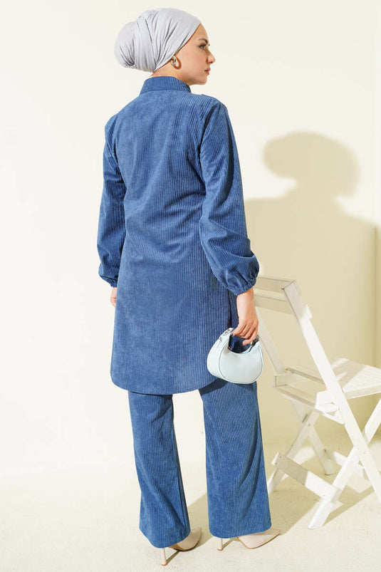 Zweiteiliges Cord-Set mit seitlichen Bindebändern, Blau