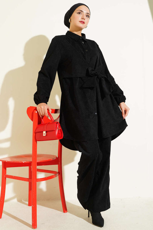 Yan Bağlamalı Kadife Fitilli İkili Takım Siyah