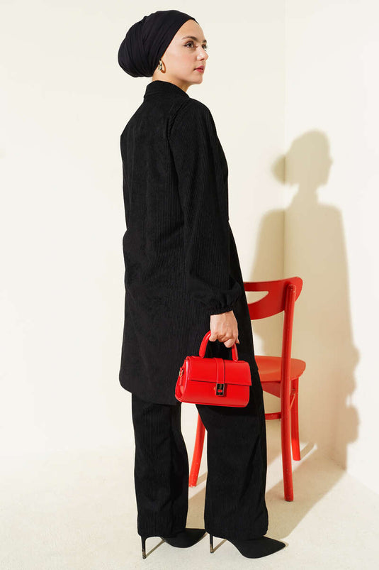 طقم من قطعتين من قماش الكوردروي برباط جانبي، أسود