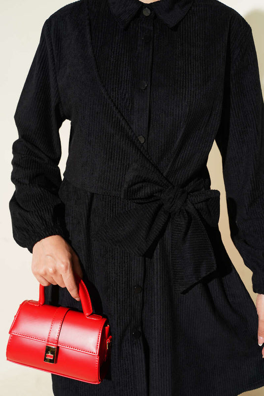 Yan Bağlamalı Kadife Fitilli İkili Takım Siyah