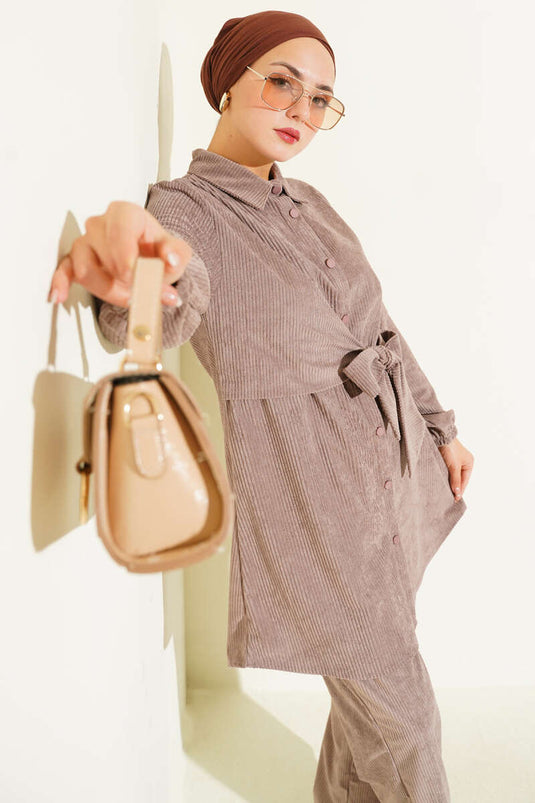 Ensemble deux pièces en velours côtelé à nouer sur le côté, couleur vison