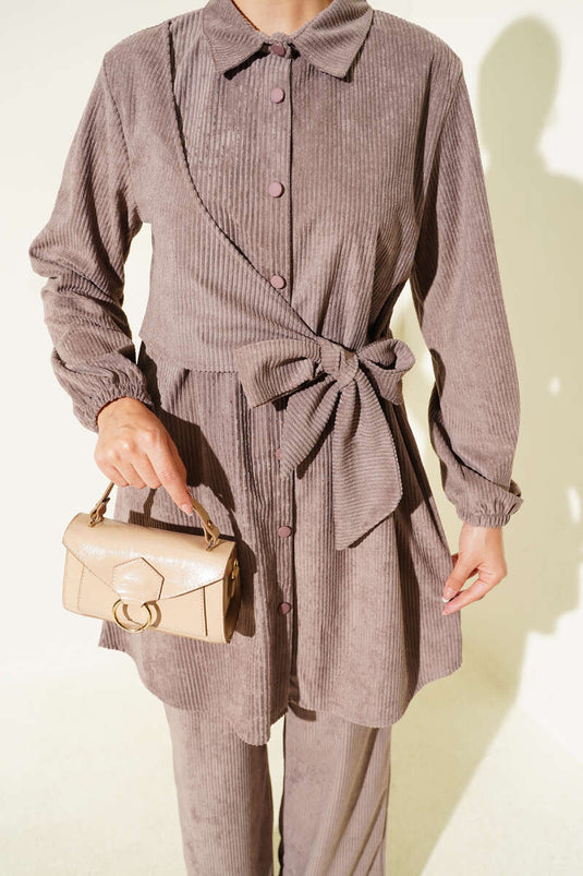 Ensemble deux pièces en velours côtelé à nouer sur le côté, couleur vison