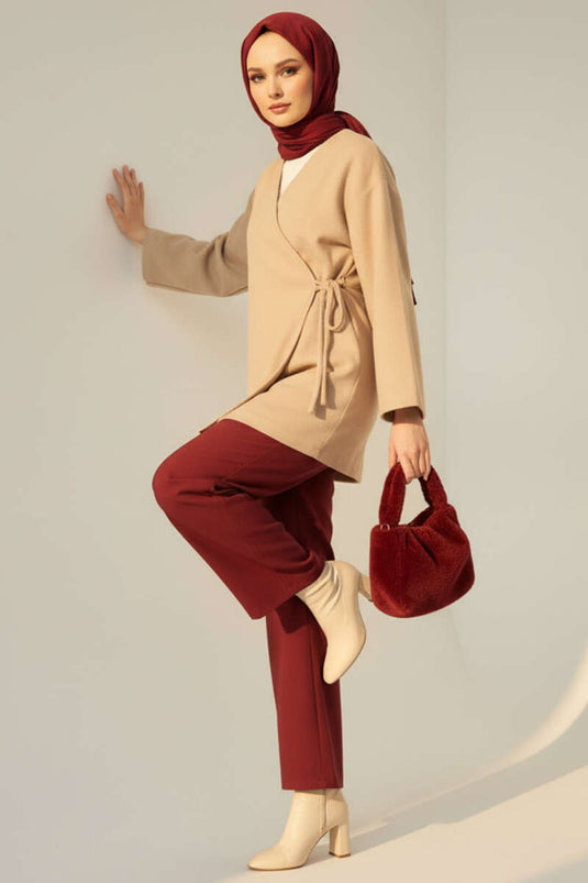 Veste en cachemire beige à nouer sur le côté