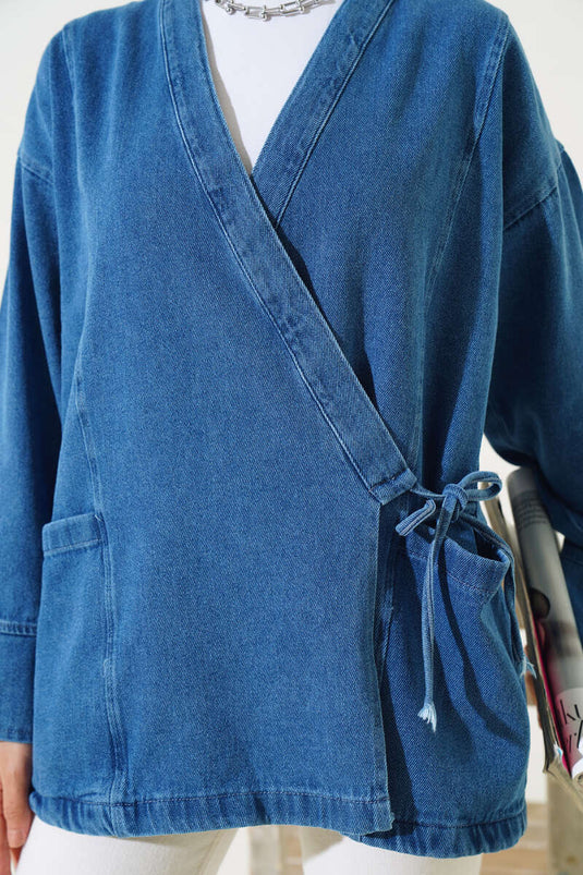 Side Tie Denim Jacket Denim Blue