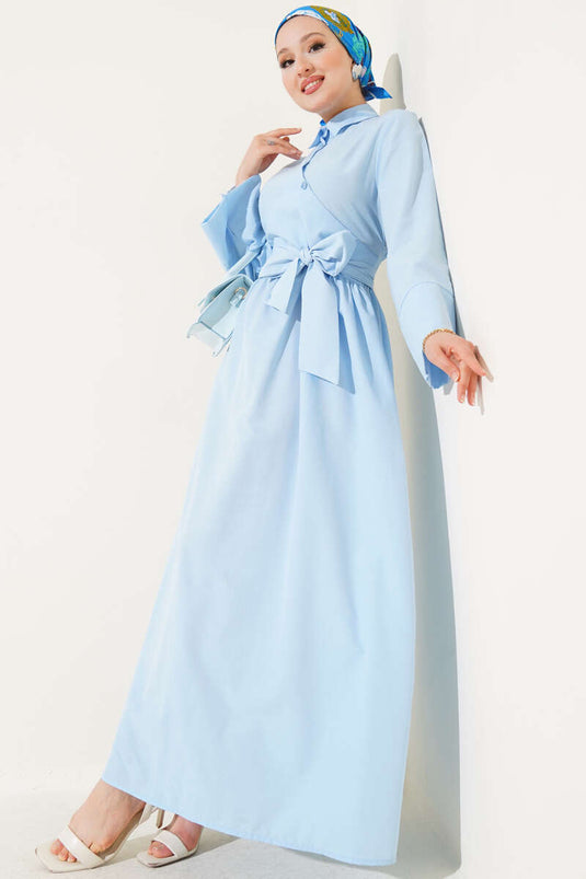 Yan Bağlamalı Yarım Çapraz Düğmeli Elbise Bebe Mavi