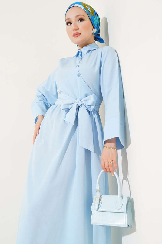 Yan Bağlamalı Yarım Çapraz Düğmeli Elbise Bebe Mavi