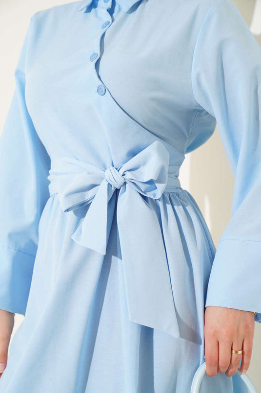 Yan Bağlamalı Yarım Çapraz Düğmeli Elbise Bebe Mavi