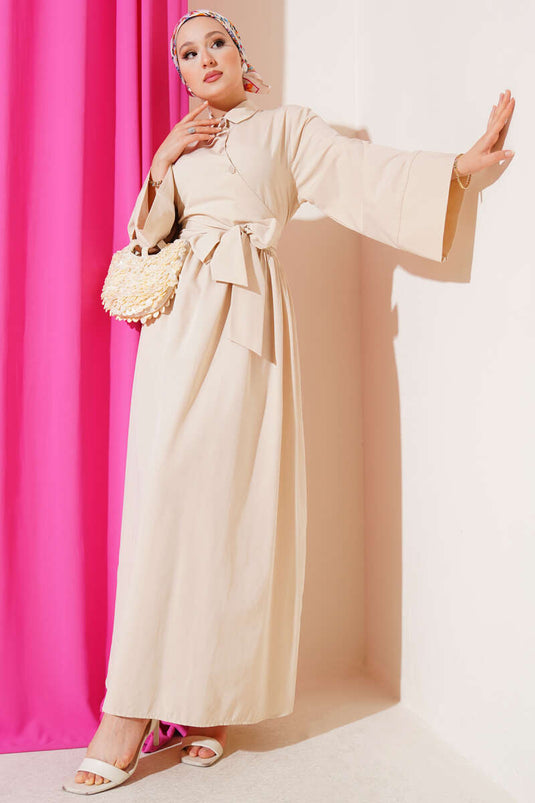 Yan Bağlamalı Yarım Çapraz Düğmeli Elbise Bej