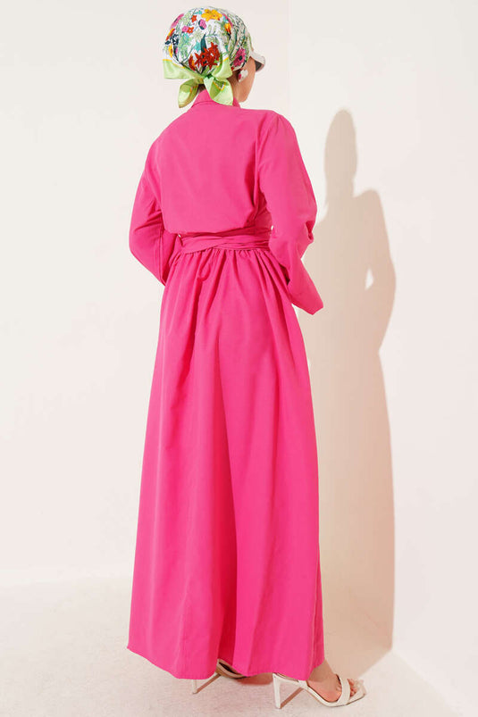 Yan Bağlamalı Yarım Çapraz Düğmeli Elbise Fuşya