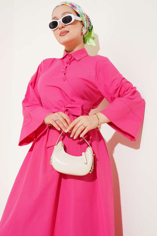 Yan Bağlamalı Yarım Çapraz Düğmeli Elbise Fuşya