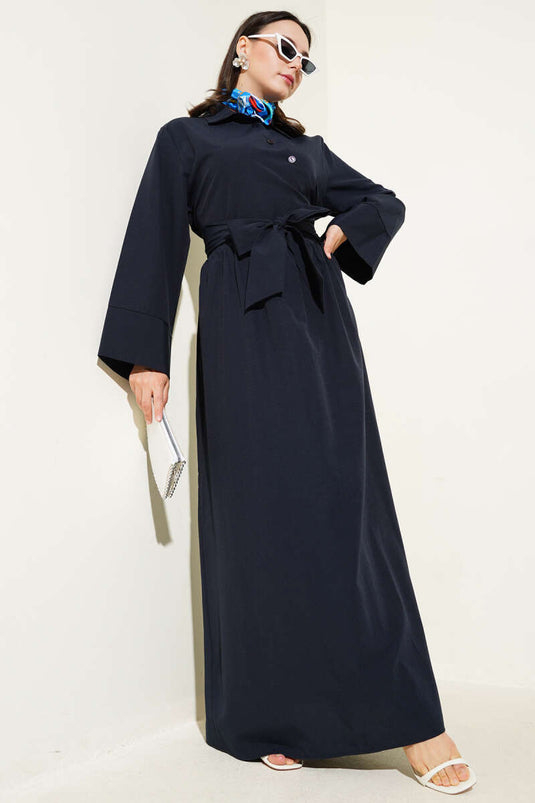 Side Tie Half Cross Button Dress Navy Blue