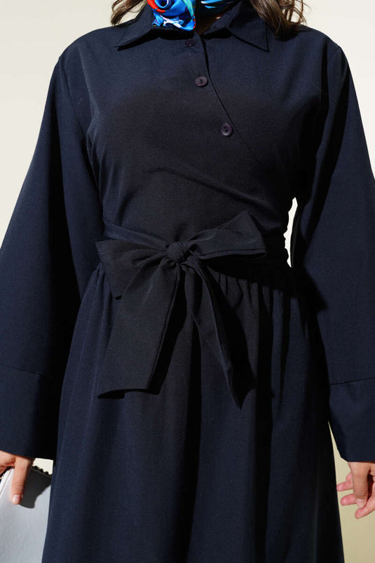 Side Tie Half Cross Button Dress Navy Blue