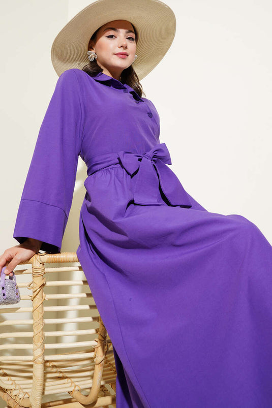 Side Tie Half Cross Button Dress Purple