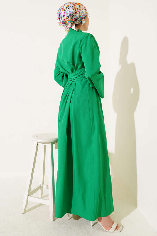 Yan Bağlamalı Yarım Çapraz Düğmeli Elbise Yeşil
