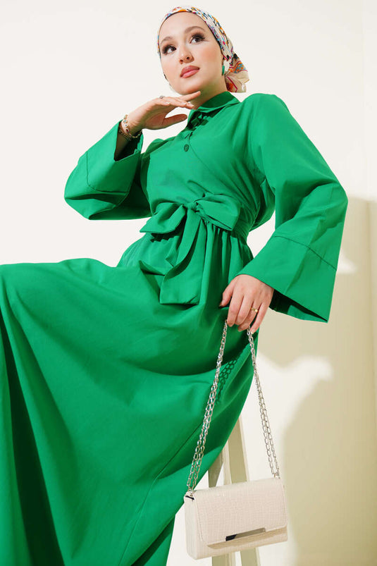 Yan Bağlamalı Yarım Çapraz Düğmeli Elbise Yeşil