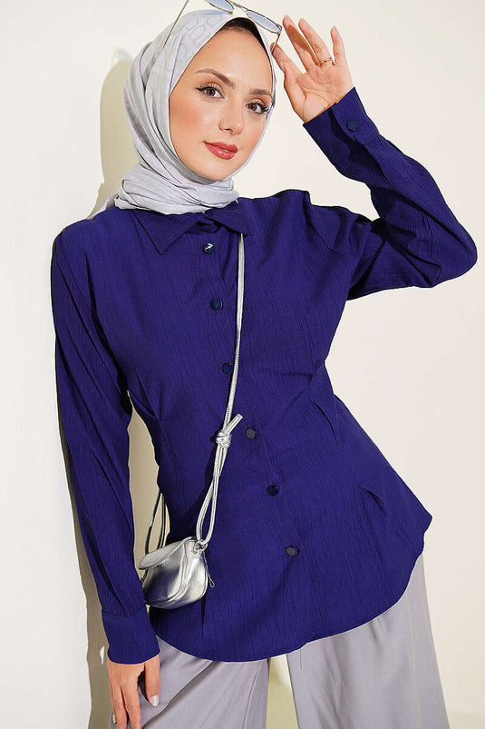 Chemise Plissée Côté Étroit Bleu Marine