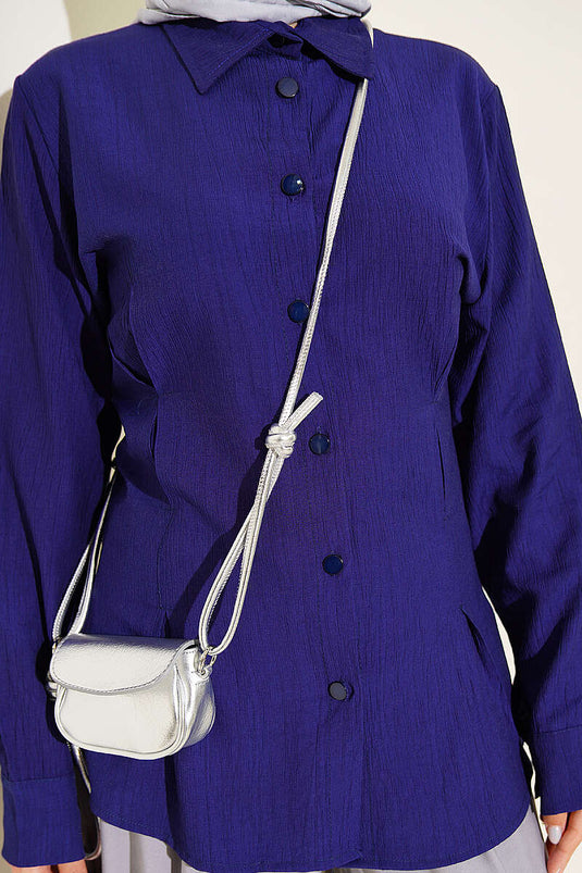 Chemise Plissée Côté Étroit Bleu Marine