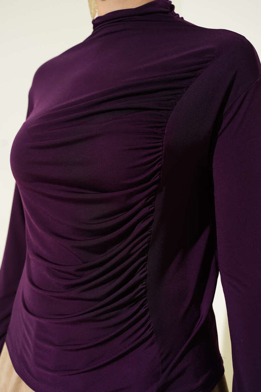 Side Gathered Stand Collar Sandy Blouse Purple