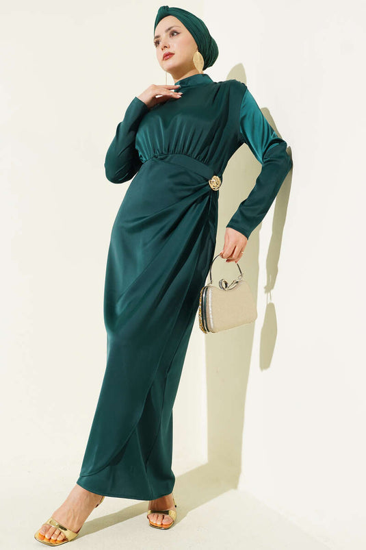 Yan froncé Satin de soirée à boucle dorée Vert émeraude