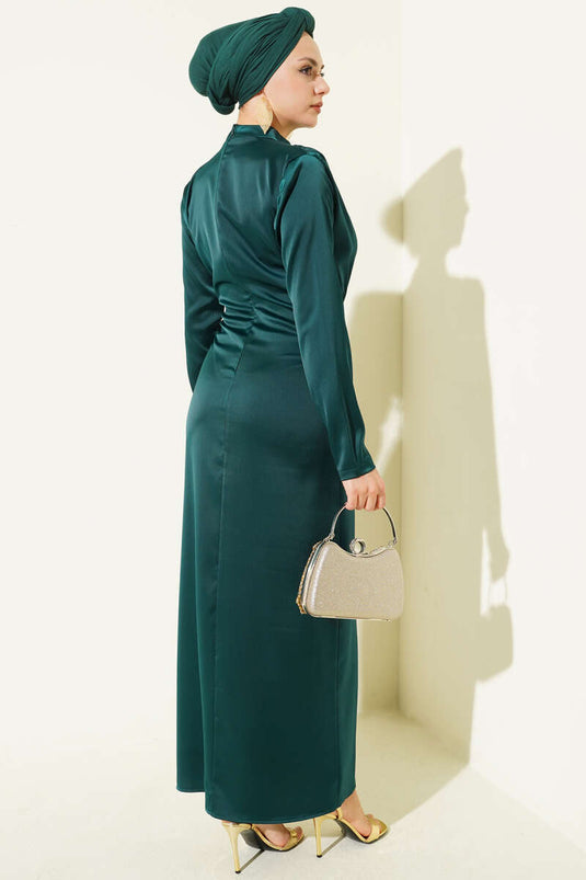 Yan froncé Satin de soirée à boucle dorée Vert émeraude