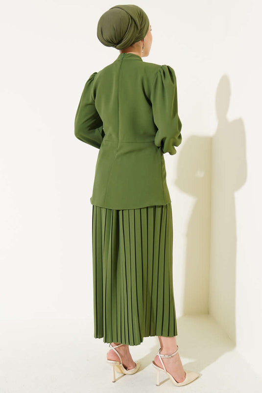 Two-Piece Set with Side Gathered Pleated Skirt, Khaki