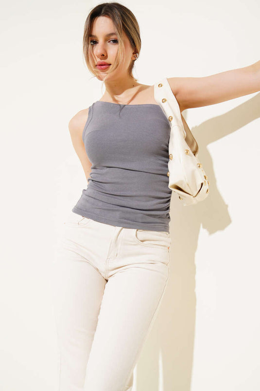Yan Büzgülü Tek Omuz Bluz Gri