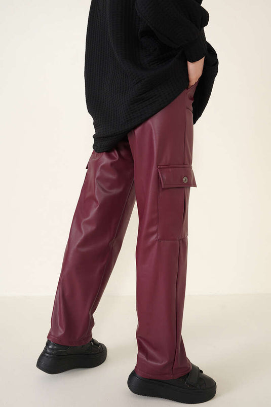 Pantalon Cargo En Cuir Avec Poches Latérales Rouge Claret