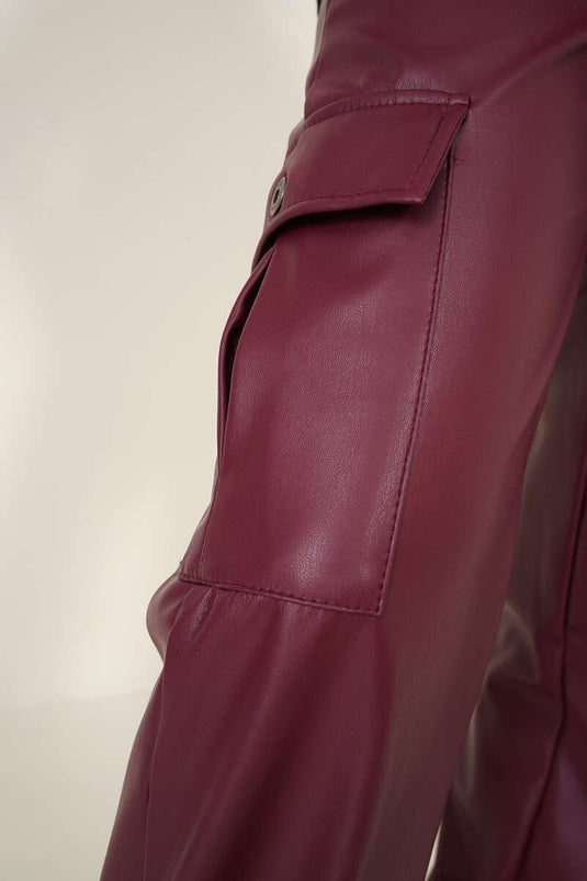 Pantalon Cargo En Cuir Avec Poches Latérales Rouge Claret