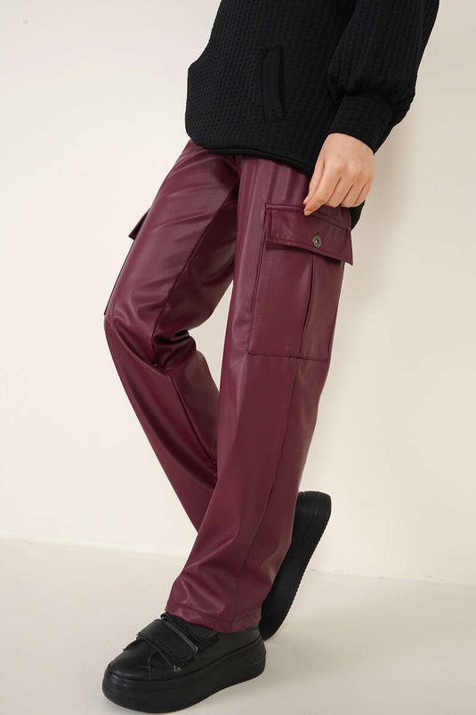 Pantalon Cargo En Cuir Avec Poches Latérales Rouge Claret