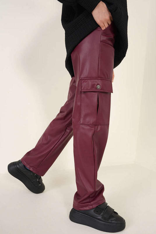 Pantalon Cargo En Cuir Avec Poches Latérales Rouge Claret