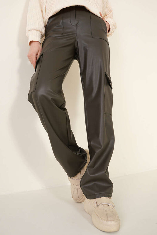 Pantalon Cargo En Cuir Poches Latérales Kaki