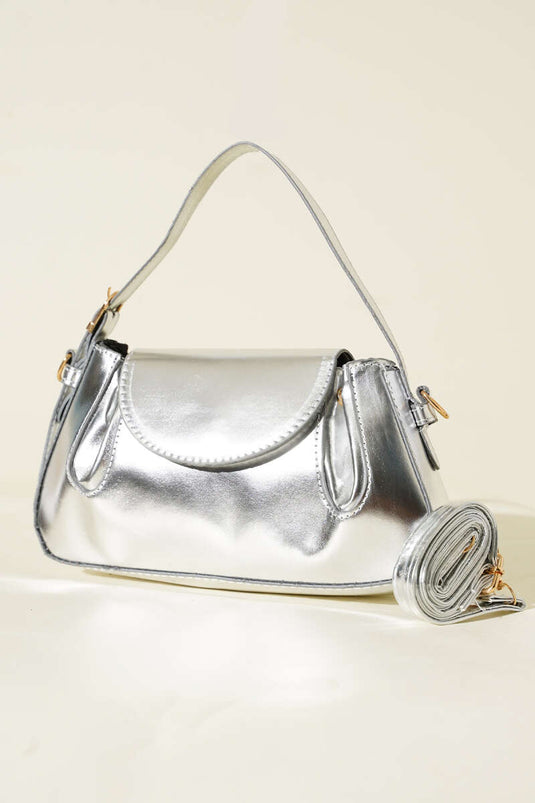 Side Snap Patent Leather Bag, Silver