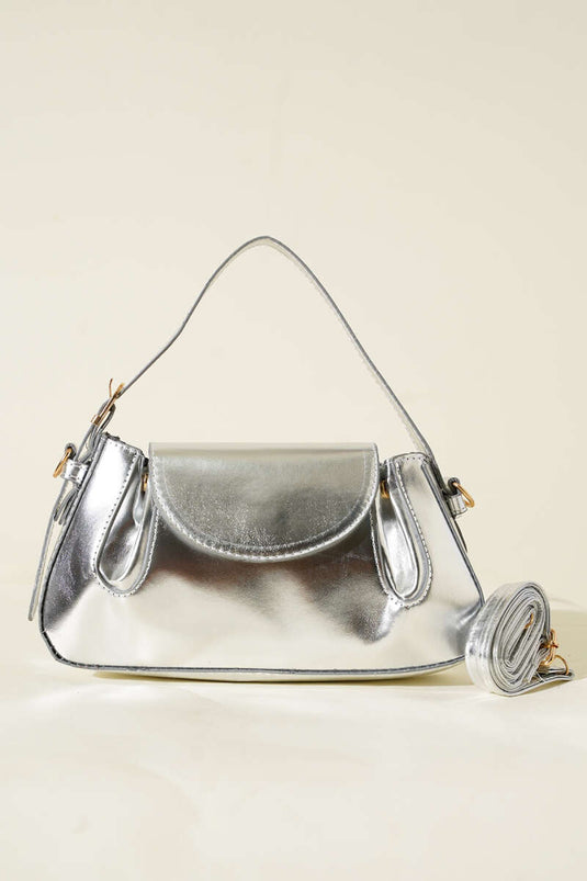 Side Snap Patent Leather Bag, Silver