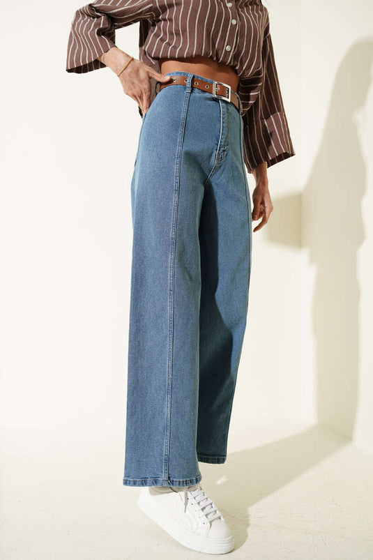 Pantalón de pierna ancha con cinturilla sin costuras Yan, azul vaquero