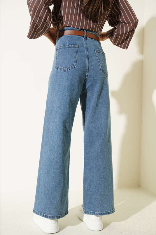 Pantalón de pierna ancha con cinturilla sin costuras Yan, azul vaquero