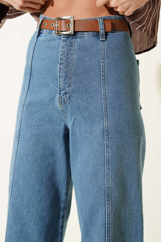 Pantalón de pierna ancha con cinturilla sin costuras Yan, azul vaquero