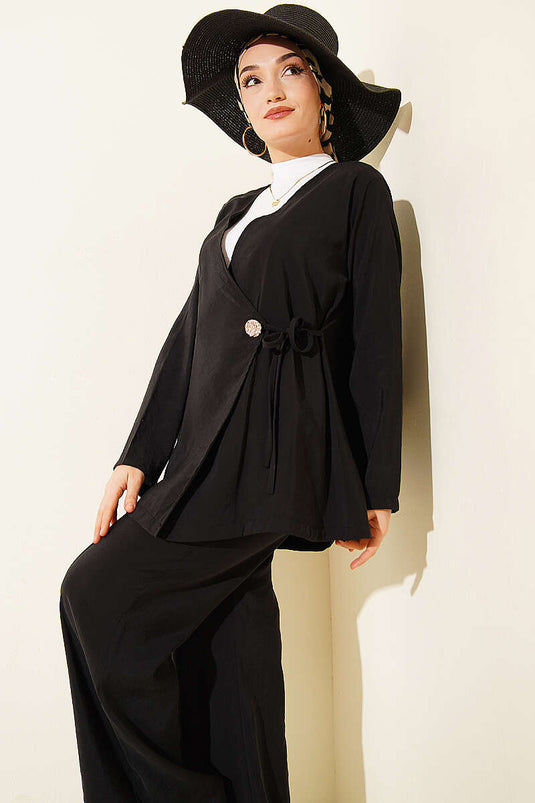 Ensemble double en modal noir avec boutons latéraux et lien