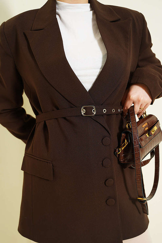 Blazer à ceinture avec boutons décoratifs Marron