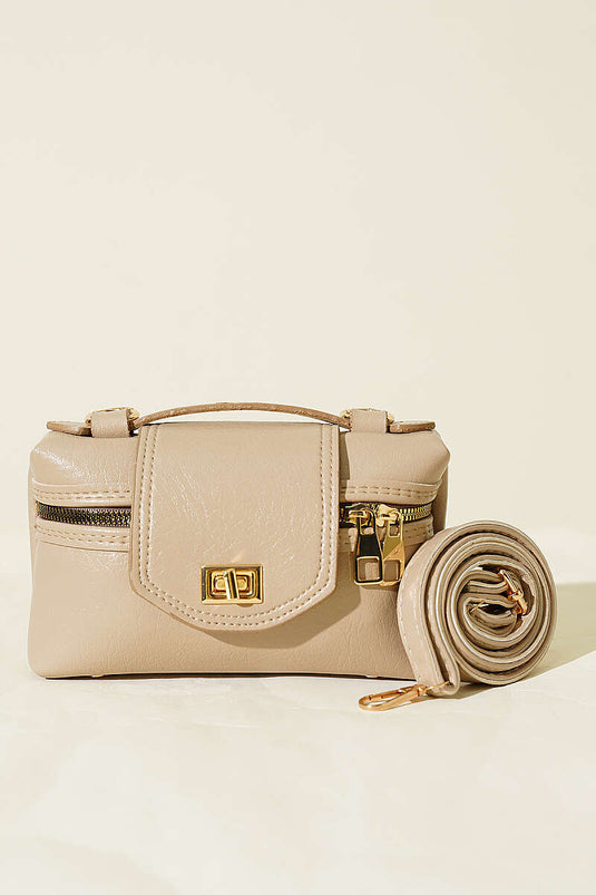 Sac à fermeture éclair latérale avec détail de verrou beige