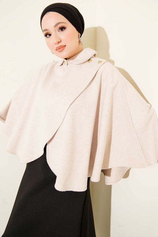 Beige Cashmere Poncho with Gold Side Buttons