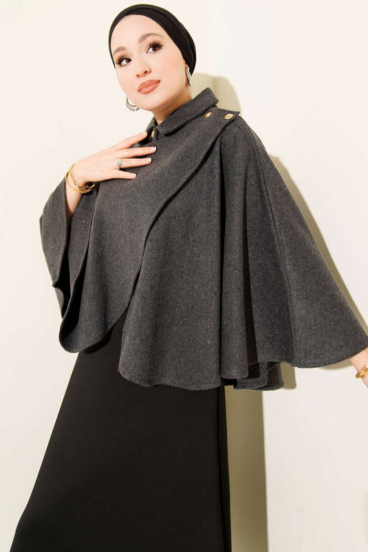 Yan Gold Düğmeli Kaşe Panço Füme