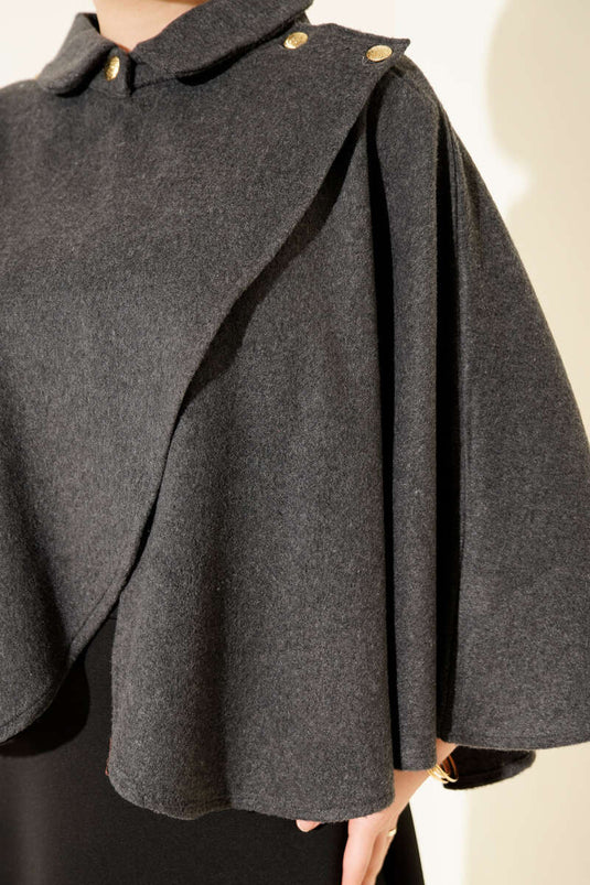 Yan Gold Düğmeli Kaşe Panço Füme