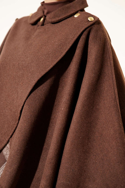 Side Gold Buttoned Cashmere Poncho, Brown
