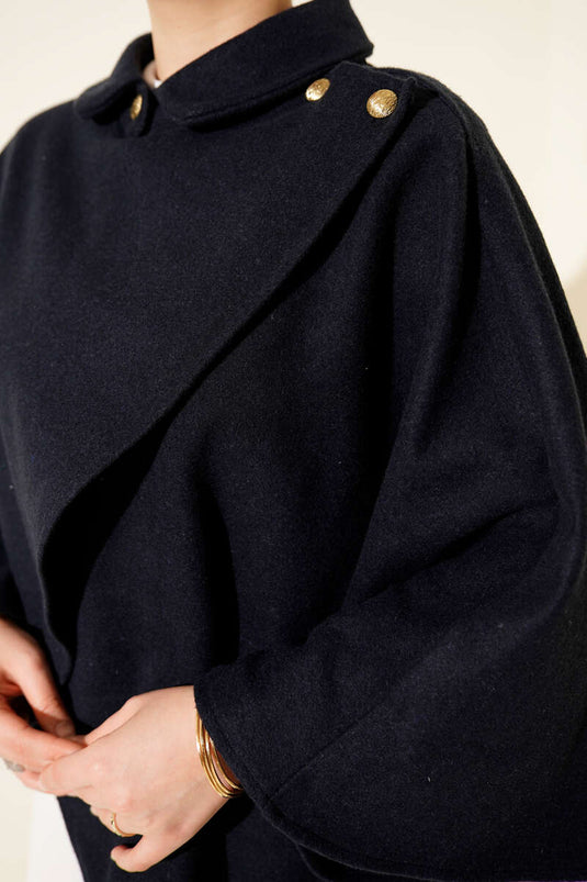 Navy Blue Cashmere Poncho with Gold Side Buttons
