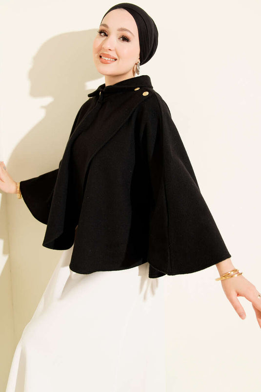 Black Cashmere Poncho with Gold Side Buttons