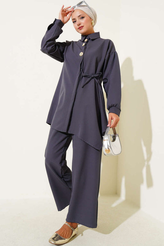 Costume croisé boutonné à lacets sur le côté, couleur fumée